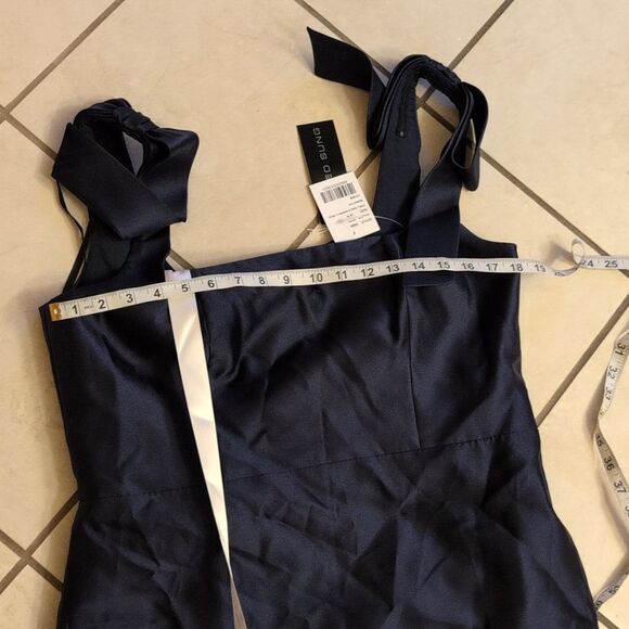 NWT Alfred Sung Satin Fit Flare Maxi Dress Gown Shoulder Bows Midnight Navy 16 - Picture 8 of 11